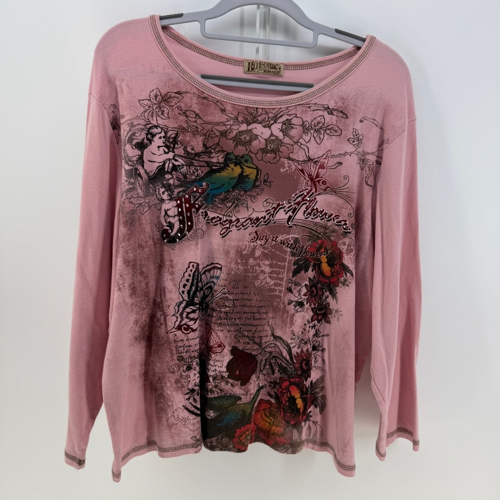 Blue Canyon Shirt Women 2X Pink Rhinestone Butterfly Cherub Y2K Fairy Grunge VTG